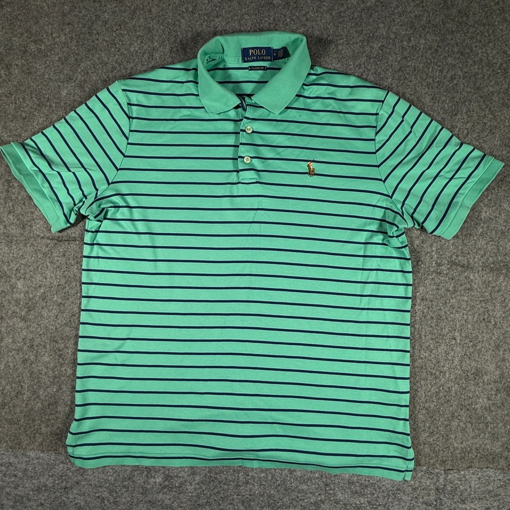 Polo Ralph Lauren Shirt Mens M Green Striped Classic Fit Short Sleeve Color Pony